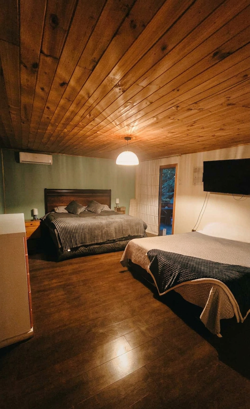 Habitación doble con techo de madera y luz cálida